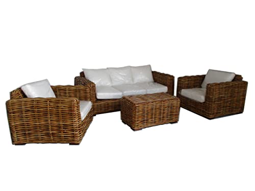 Salotto vimini rattan giunco set 5 posti con divano, 2 poltrone, tavolino. Cuscini sfoderabili inclusi. Sia da giardino che da interno. RATTAN CL